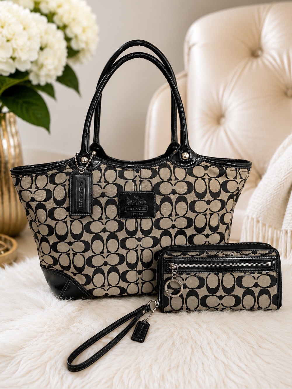 Coach Bleecker Signature Tote & Wallet Set Black Leather Gray/Brown Canvas